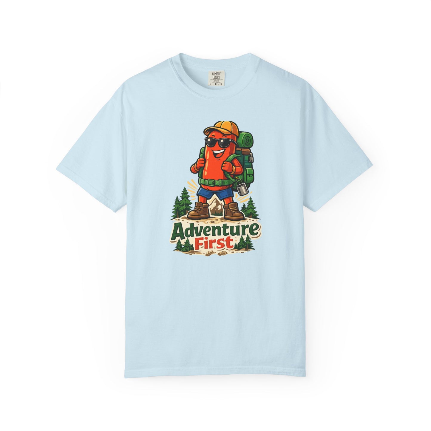 Adventure First Graphic Tee — Hiking Backpacker Badge Shirt