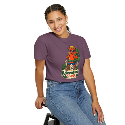 Adventure First Graphic Tee — Hiking Backpacker Badge Shirt