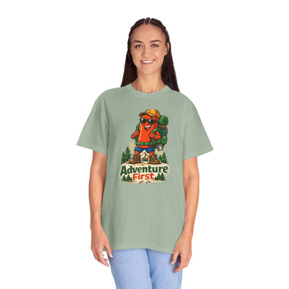 Adventure First Graphic Tee — Hiking Backpacker Badge Shirt