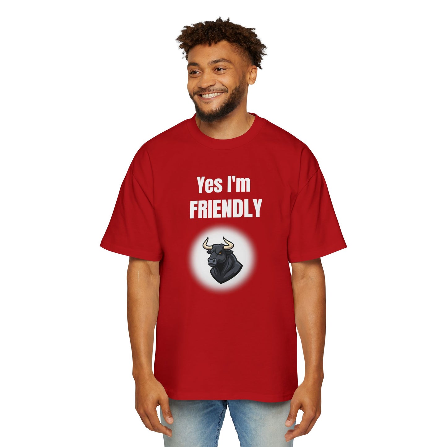 Yes I'm Friendly Bull Graphic Tee — Funny Red Oversized Men's Shirt