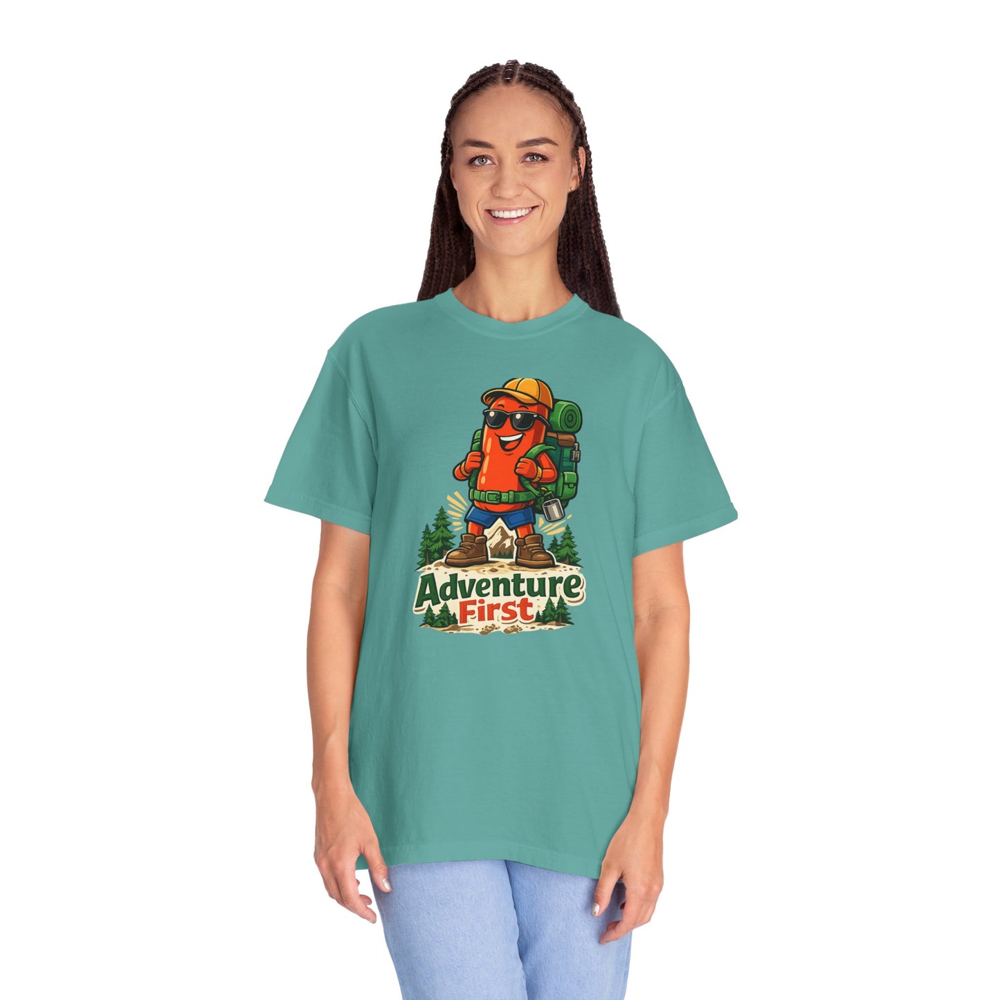 Adventure First Graphic Tee — Hiking Backpacker Badge Shirt