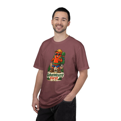 Adventure First Graphic Tee — Hiking Backpacker Badge Shirt