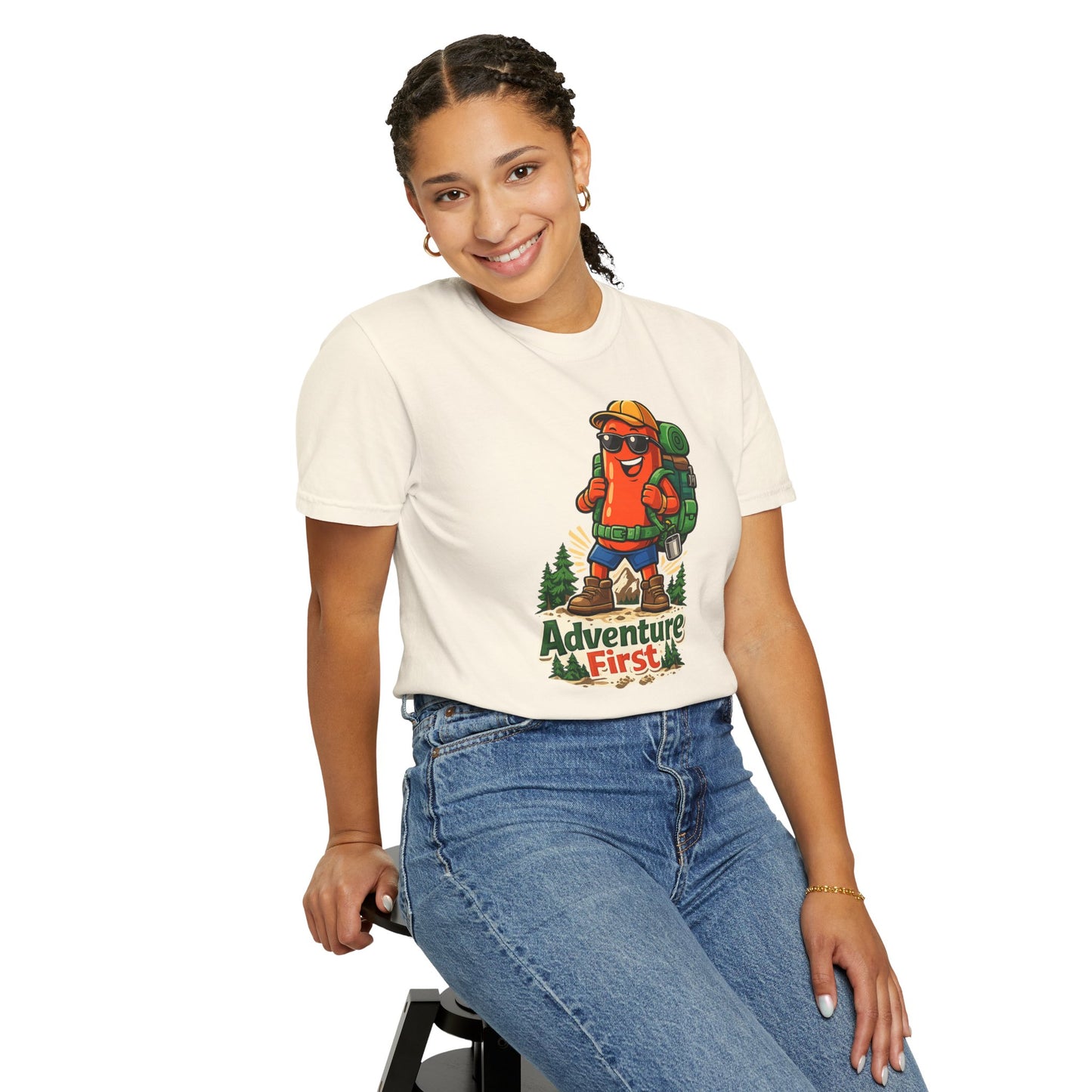 Adventure First Graphic Tee — Hiking Backpacker Badge Shirt