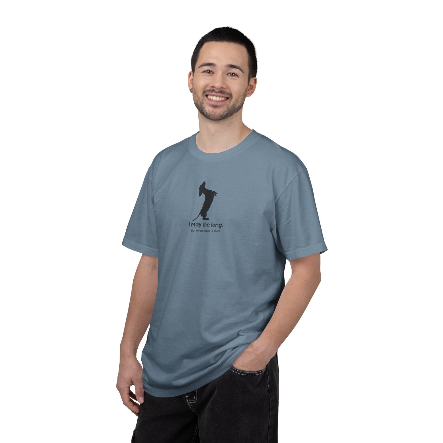 T-Shirt — Funny Tall Joke Design “I May be long, but my patience is short.”