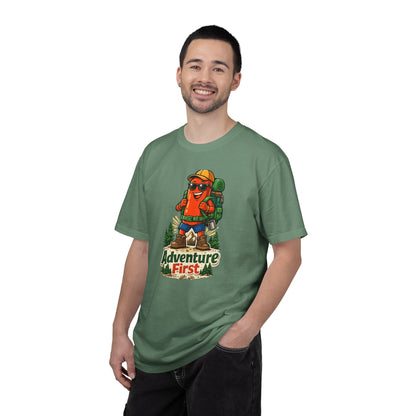 Adventure First Graphic Tee — Hiking Backpacker Badge Shirt