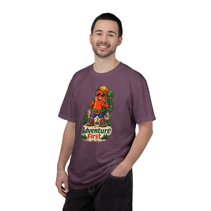 Adventure First Graphic Tee — Hiking Backpacker Badge Shirt
