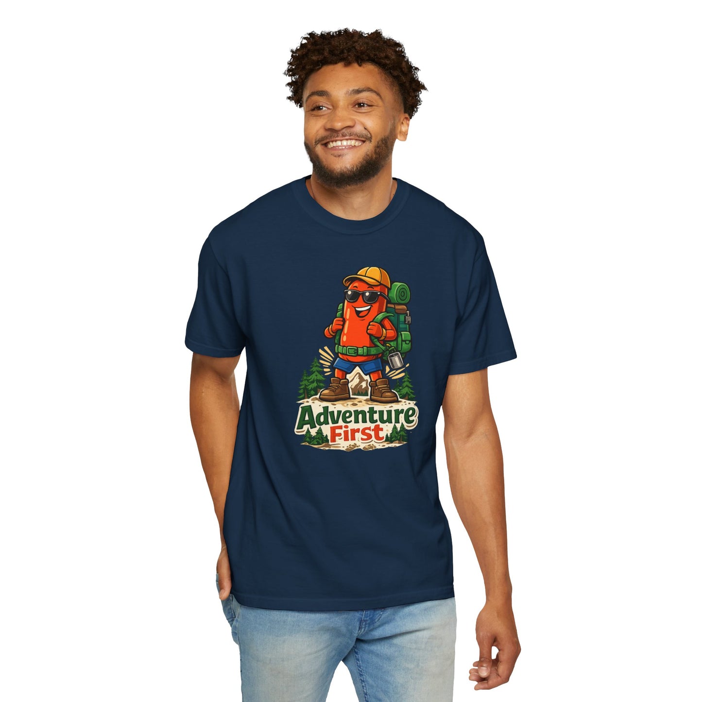 Adventure First Graphic Tee — Hiking Backpacker Badge Shirt