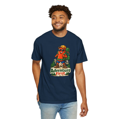 Adventure First Graphic Tee — Hiking Backpacker Badge Shirt