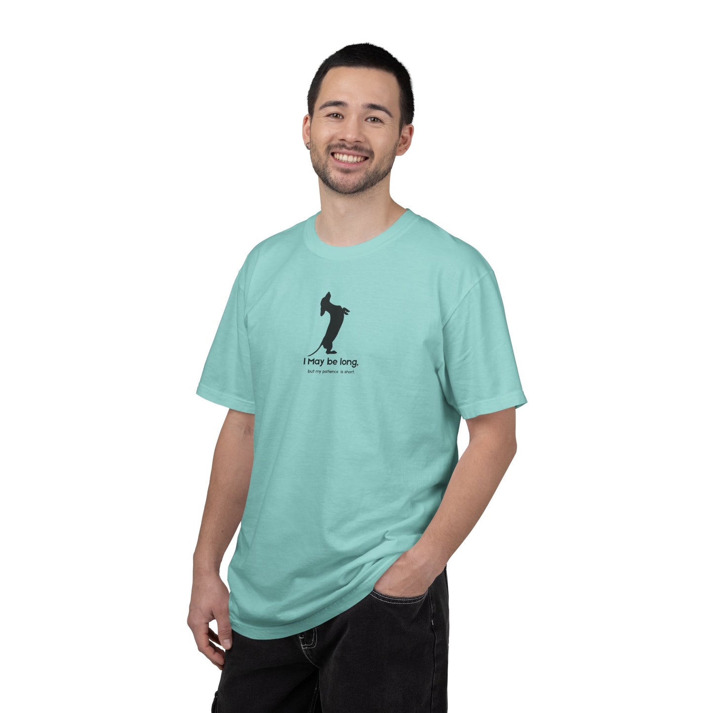 T-Shirt — Funny Tall Joke Design “I May be long, but my patience is short.”