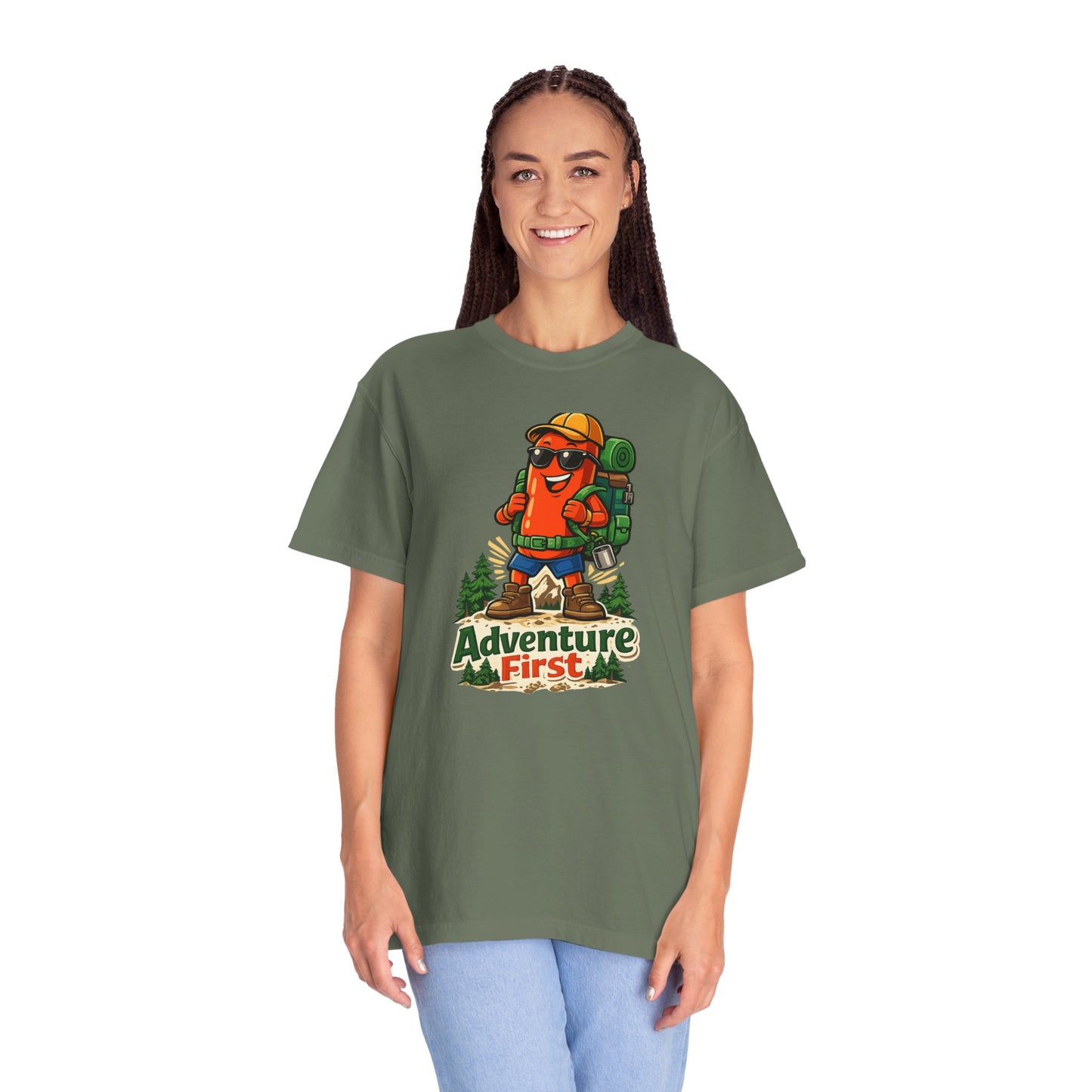 Adventure First Graphic Tee — Hiking Backpacker Badge Shirt