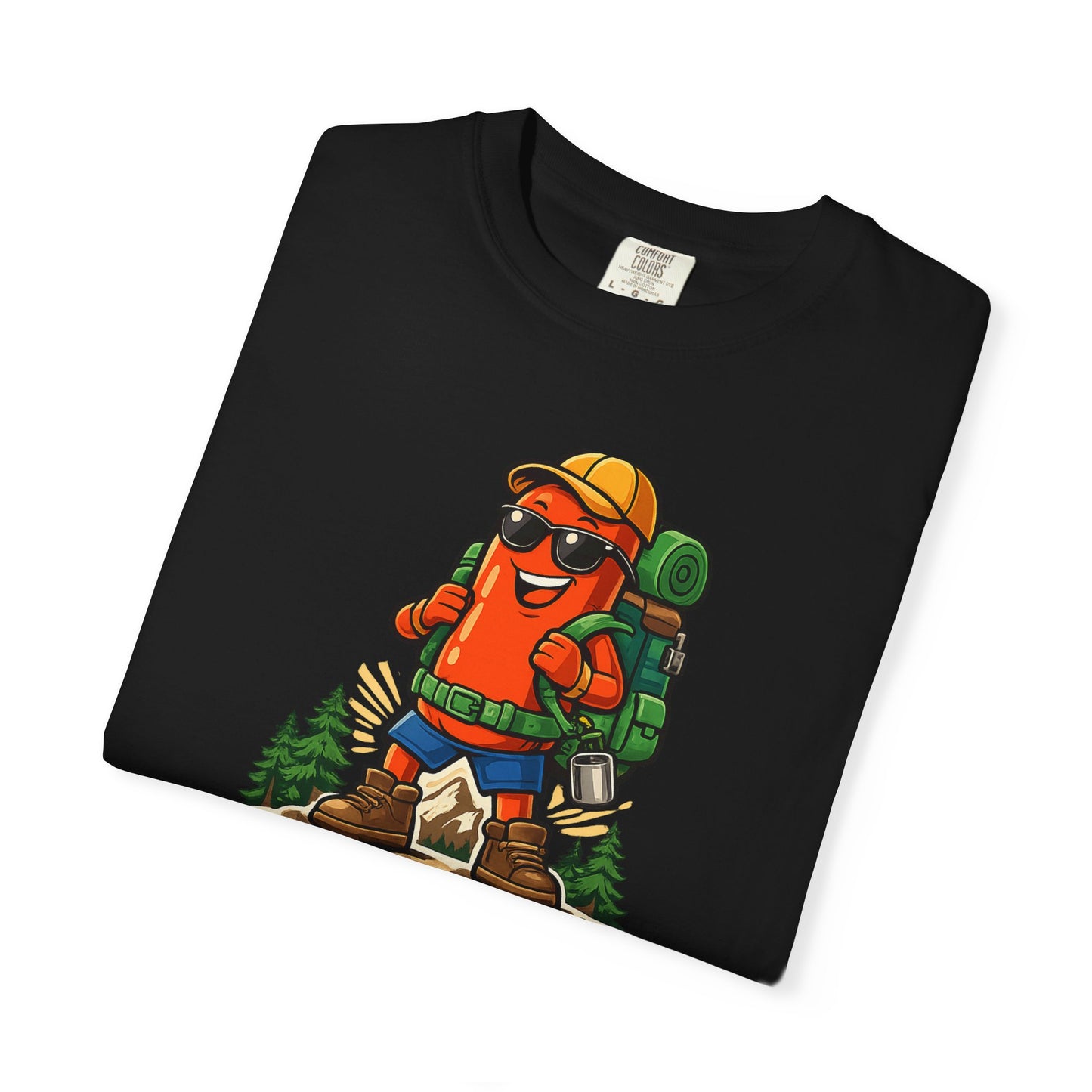 Adventure First Graphic Tee — Hiking Backpacker Badge Shirt