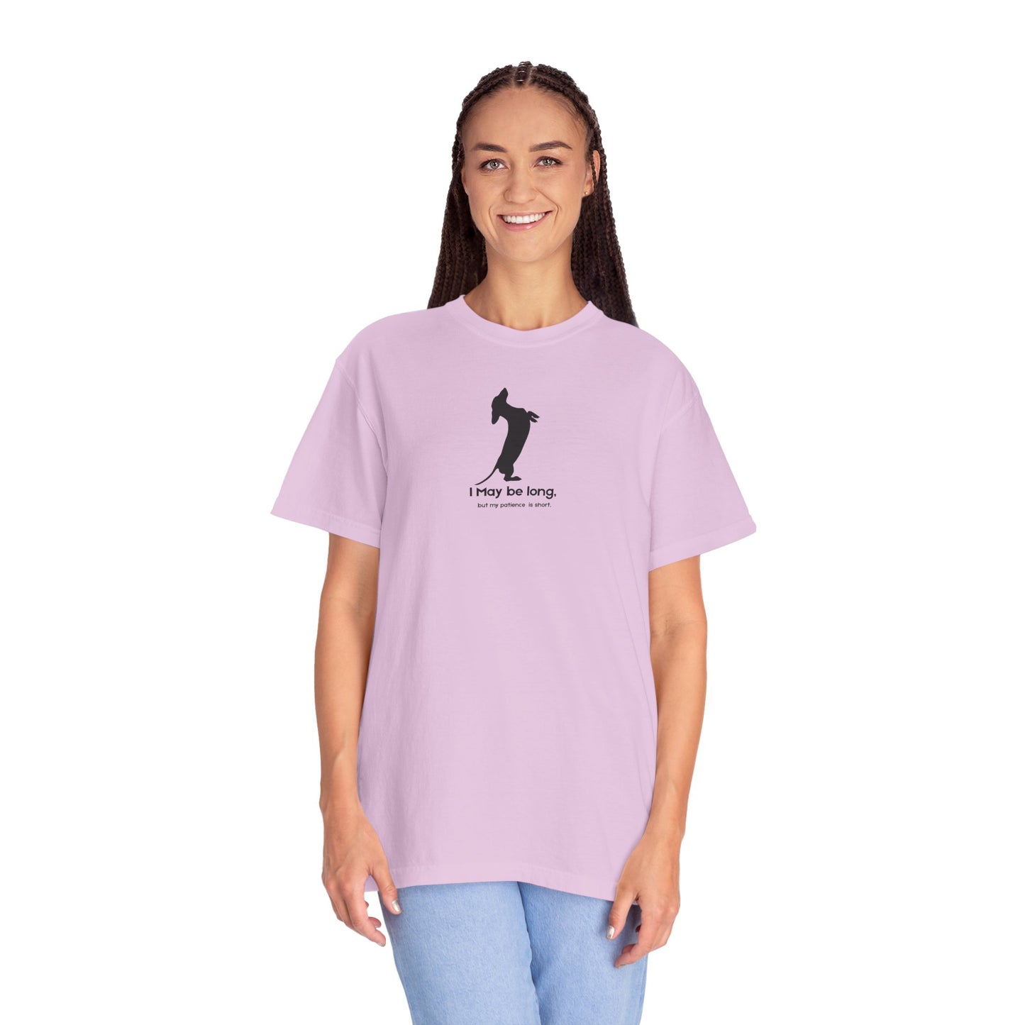 T-Shirt — Funny Tall Joke Design “I May be long, but my patience is short.”