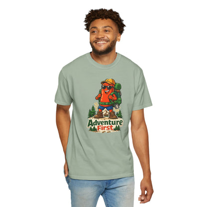 Adventure First Graphic Tee — Hiking Backpacker Badge Shirt