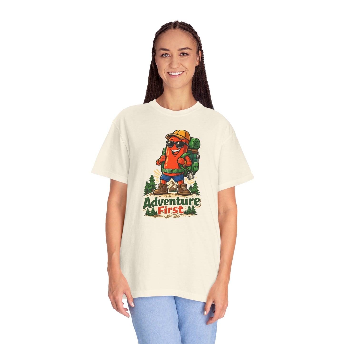 Adventure First Graphic Tee — Hiking Backpacker Badge Shirt