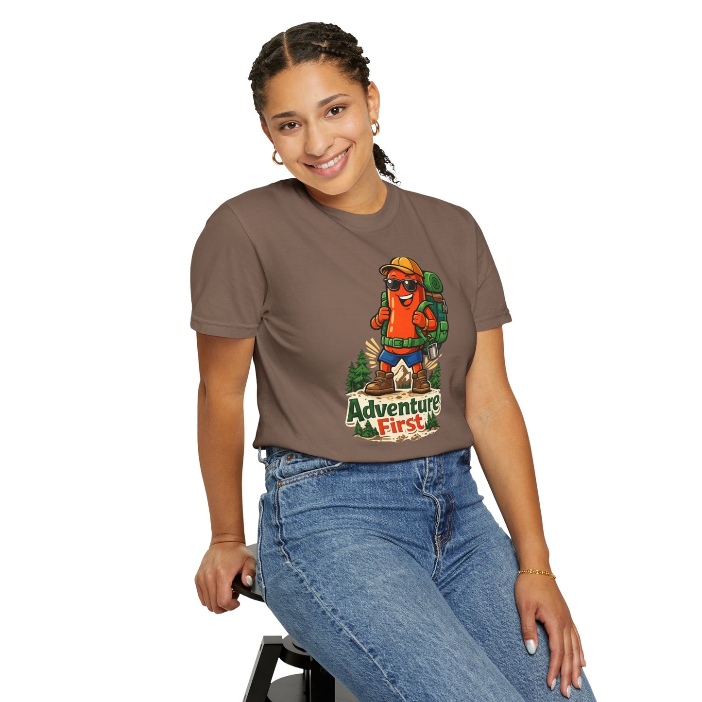 Adventure First Graphic Tee — Hiking Backpacker Badge Shirt