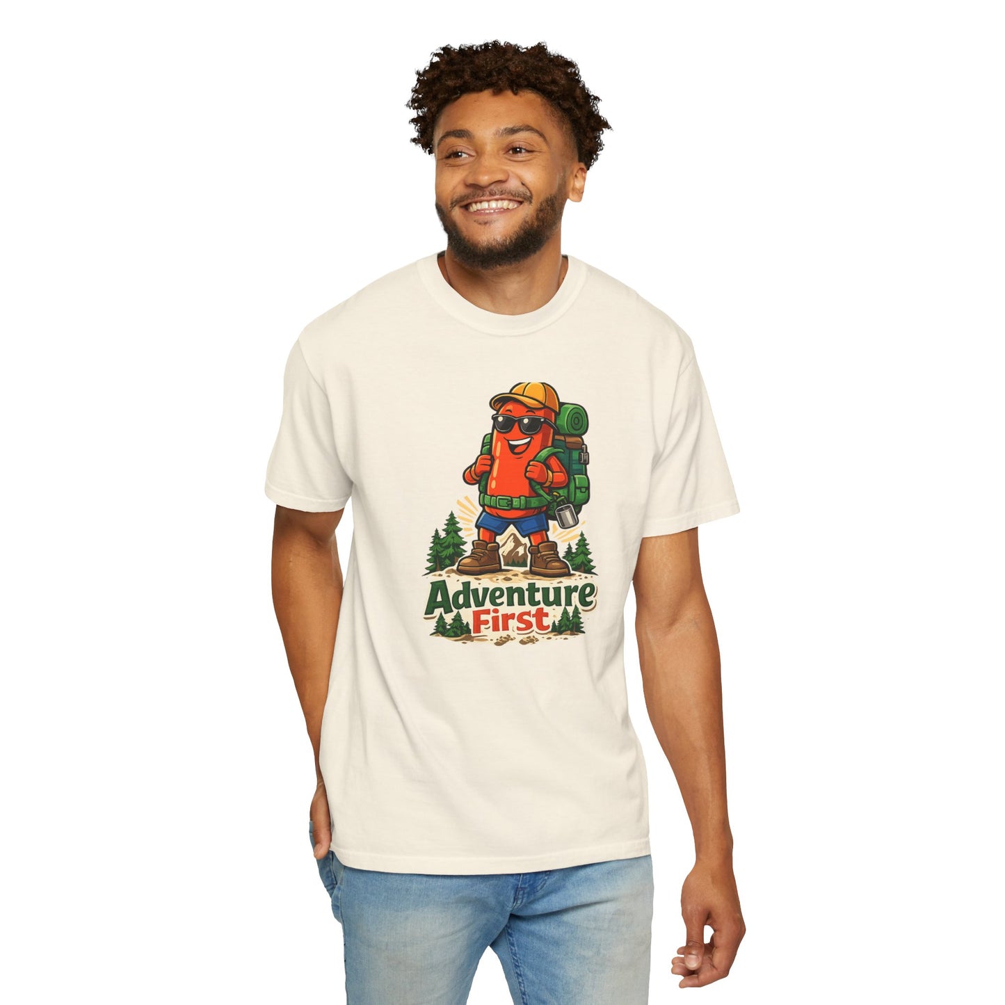 Adventure First Graphic Tee — Hiking Backpacker Badge Shirt