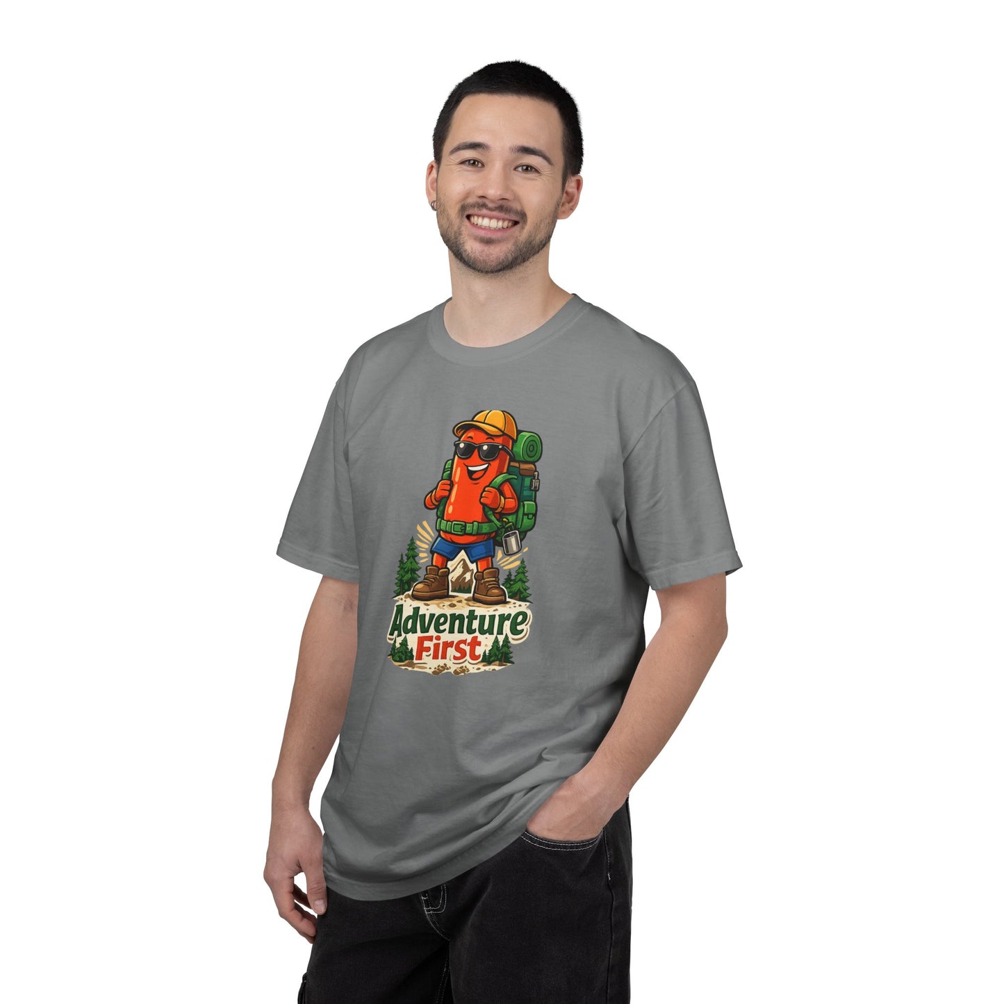 Adventure First Graphic Tee — Hiking Backpacker Badge Shirt