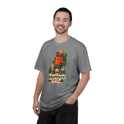 Adventure First Graphic Tee — Hiking Backpacker Badge Shirt
