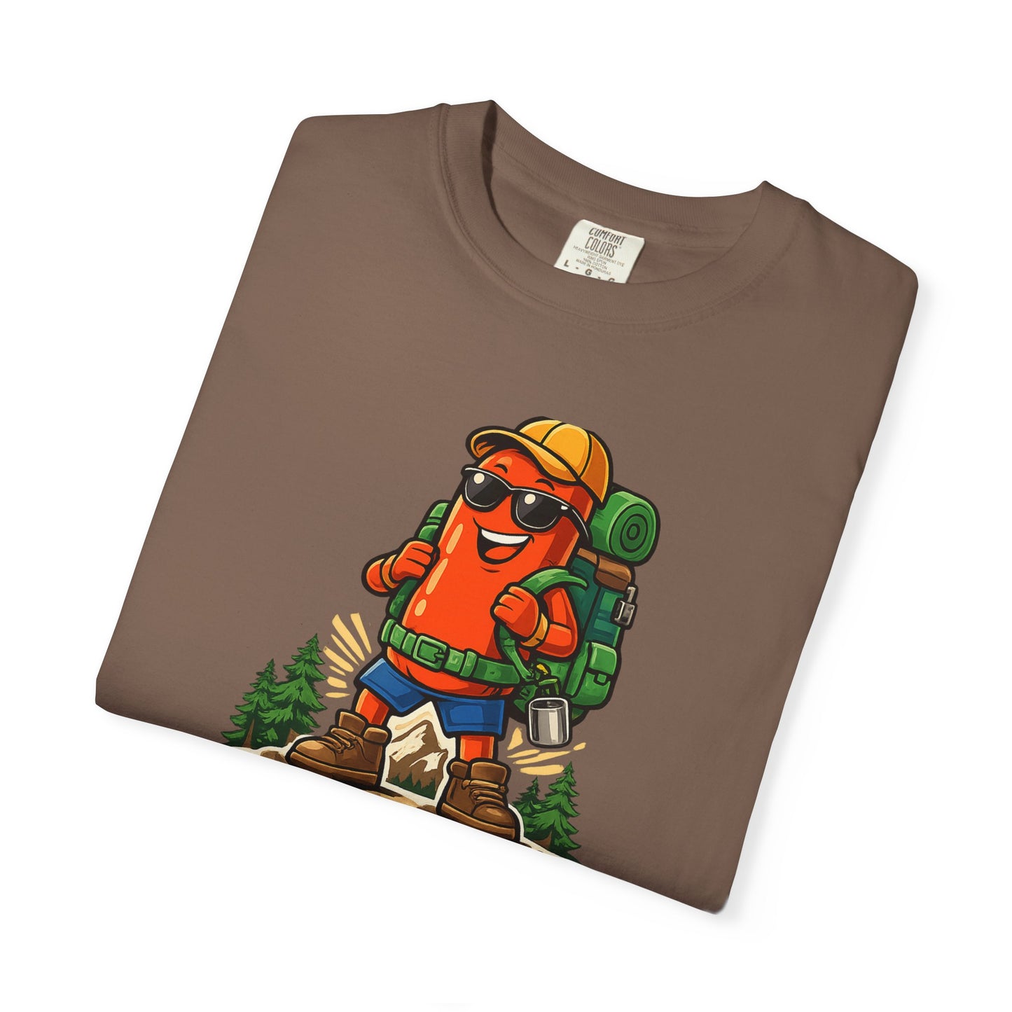 Adventure First Graphic Tee — Hiking Backpacker Badge Shirt