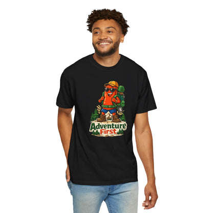 Adventure First Graphic Tee — Hiking Backpacker Badge Shirt