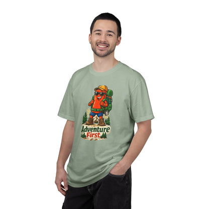 Adventure First Graphic Tee — Hiking Backpacker Badge Shirt