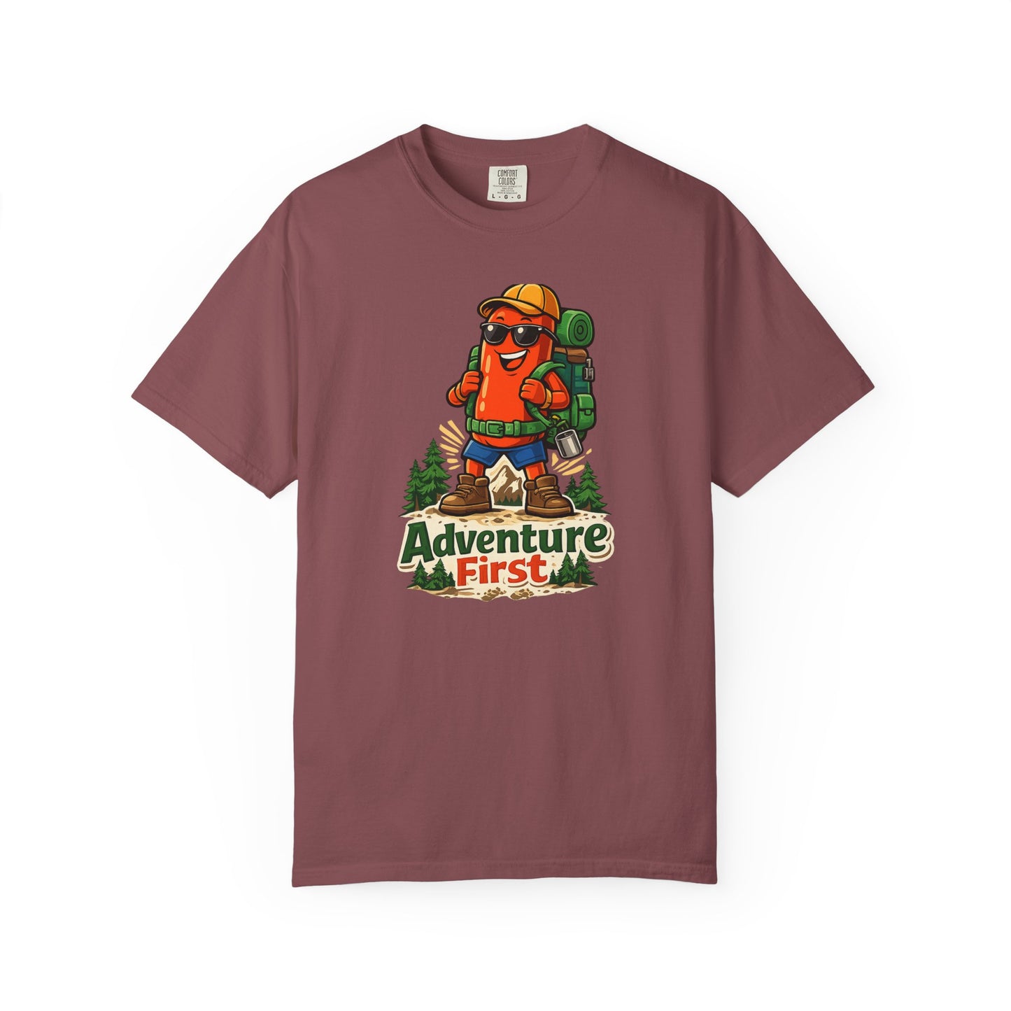 Adventure First Graphic Tee — Hiking Backpacker Badge Shirt