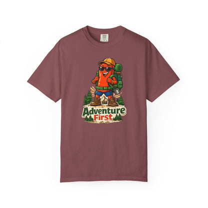 Adventure First Graphic Tee — Hiking Backpacker Badge Shirt