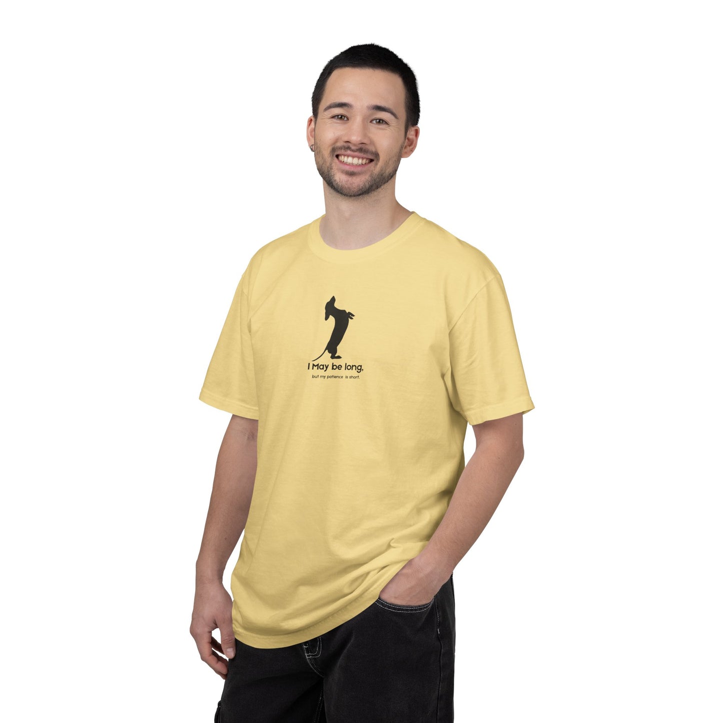T-Shirt — Funny Tall Joke Design “I May be long, but my patience is short.”
