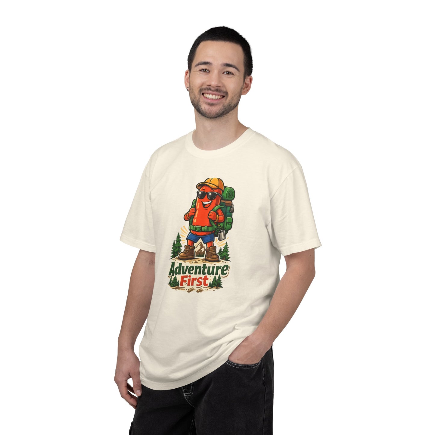 Adventure First Graphic Tee — Hiking Backpacker Badge Shirt