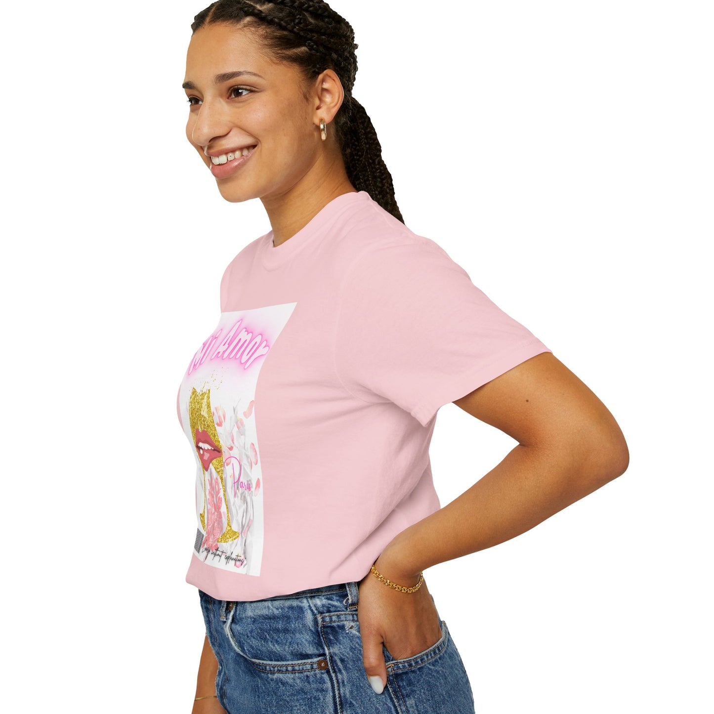 Mi Amor Graphic T-Shirt — Romantic Pink Floral Lips Design
