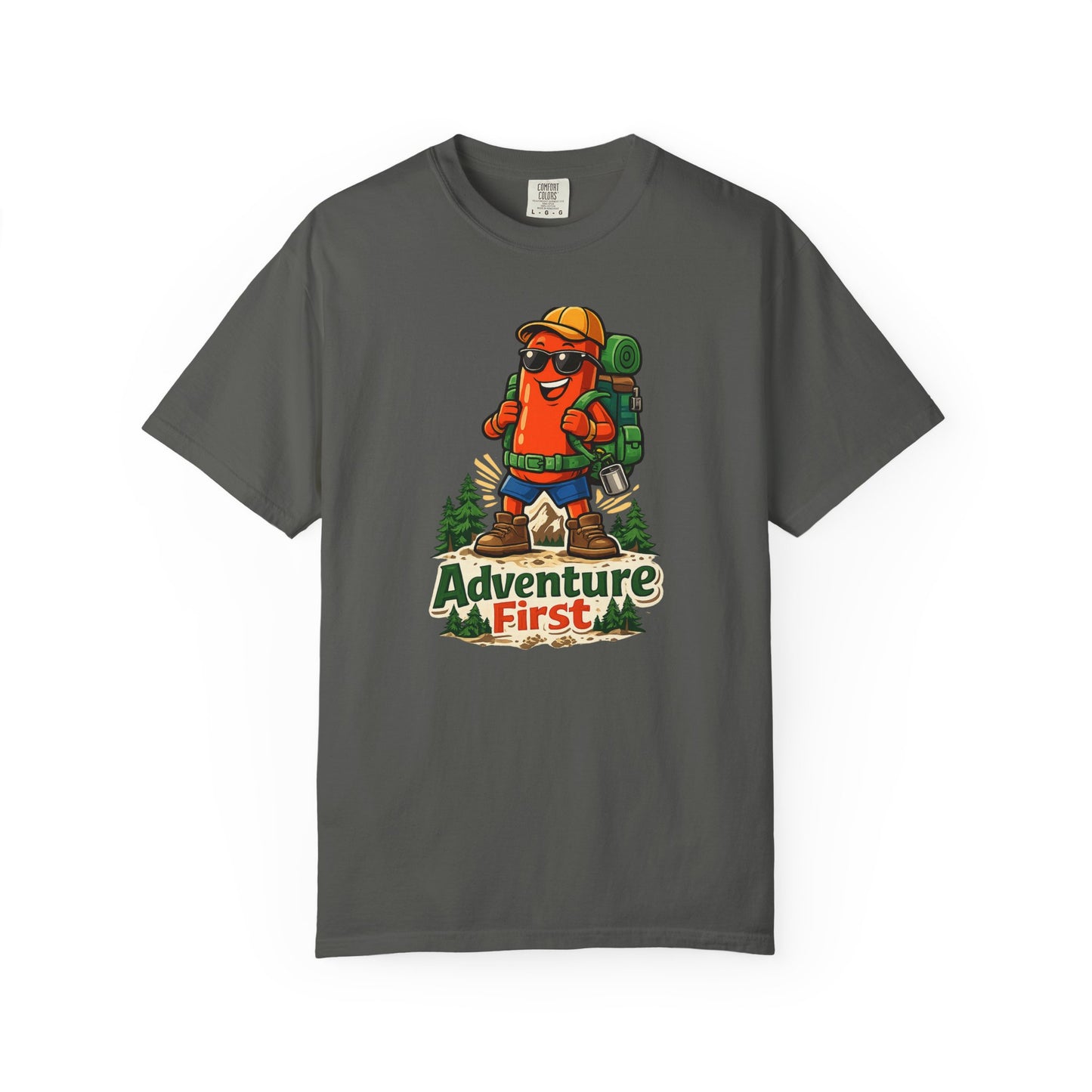 Adventure First Graphic Tee — Hiking Backpacker Badge Shirt