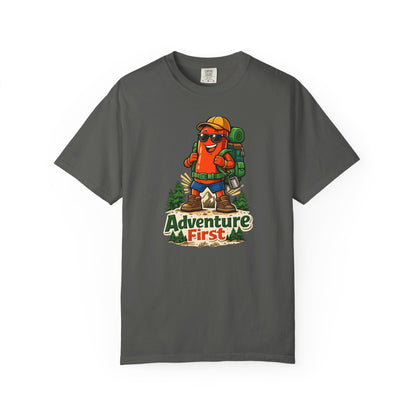 Adventure First Graphic Tee — Hiking Backpacker Badge Shirt