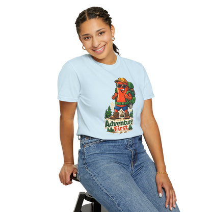 Adventure First Graphic Tee — Hiking Backpacker Badge Shirt