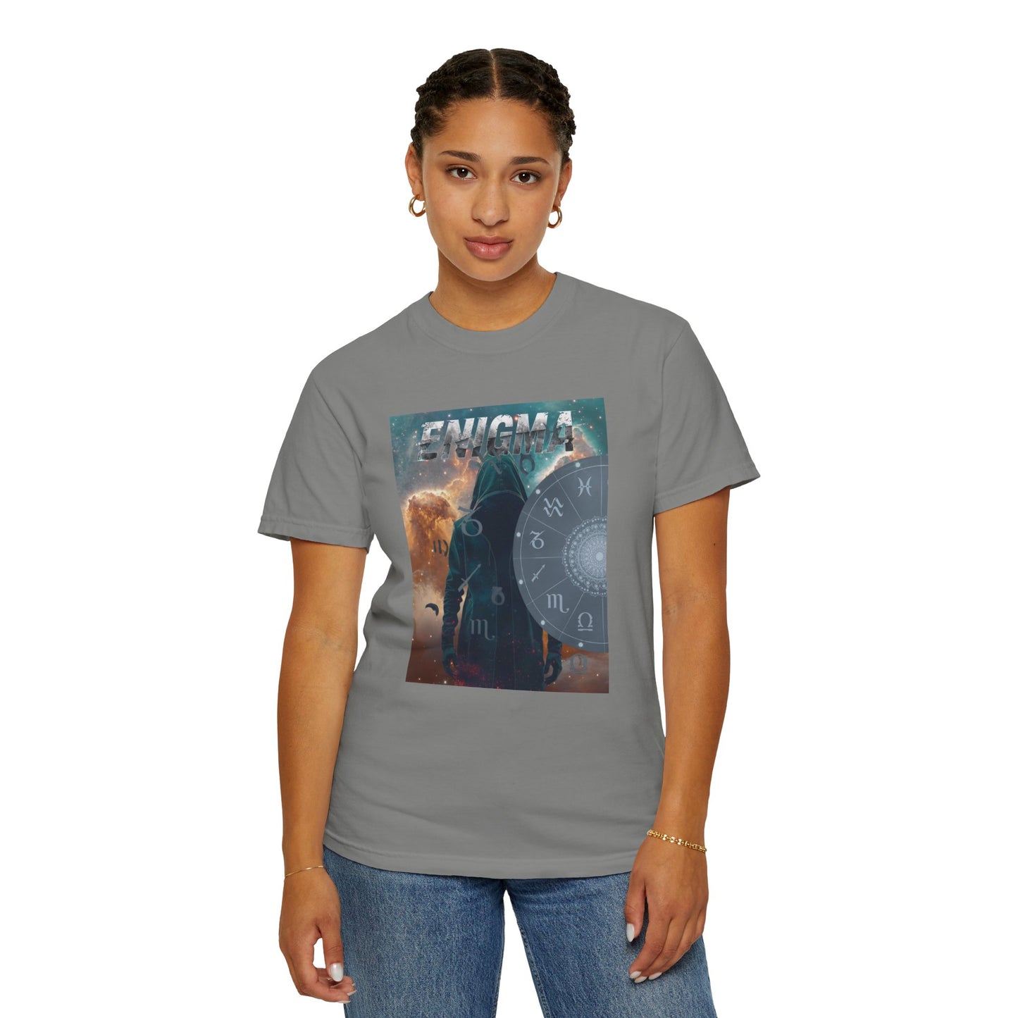 Enigma Astral T-Shirt — Zodiac Wheel & Cosmic Raven Graphic Tee