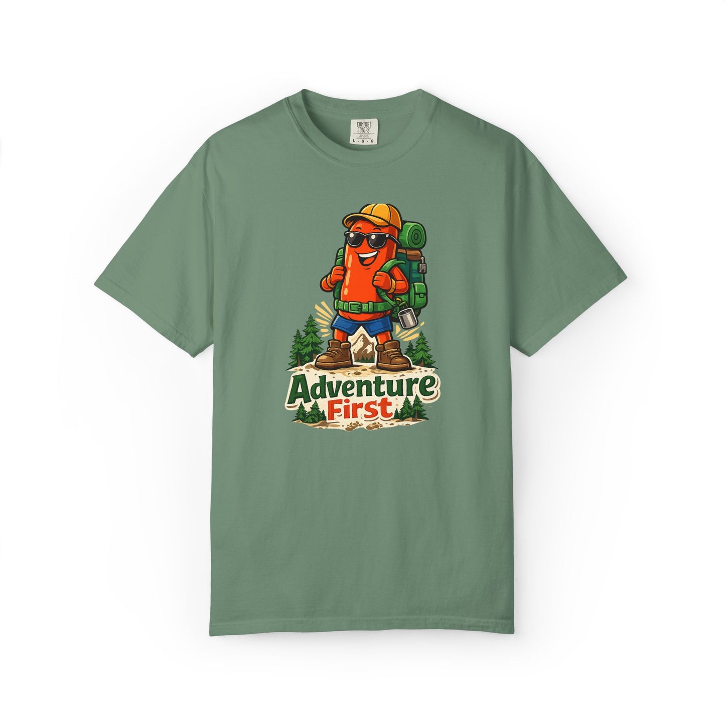 Adventure First Graphic Tee — Hiking Backpacker Badge Shirt