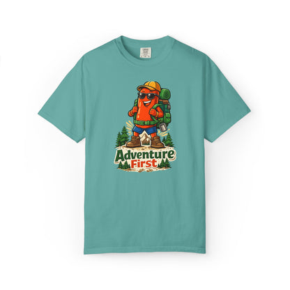 Adventure First Graphic Tee — Hiking Backpacker Badge Shirt