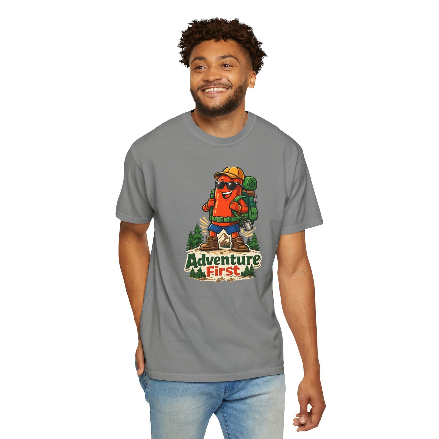 Adventure First Graphic Tee — Hiking Backpacker Badge Shirt