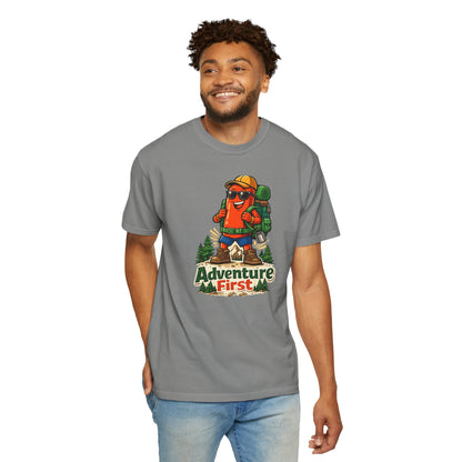Adventure First Graphic Tee — Hiking Backpacker Badge Shirt