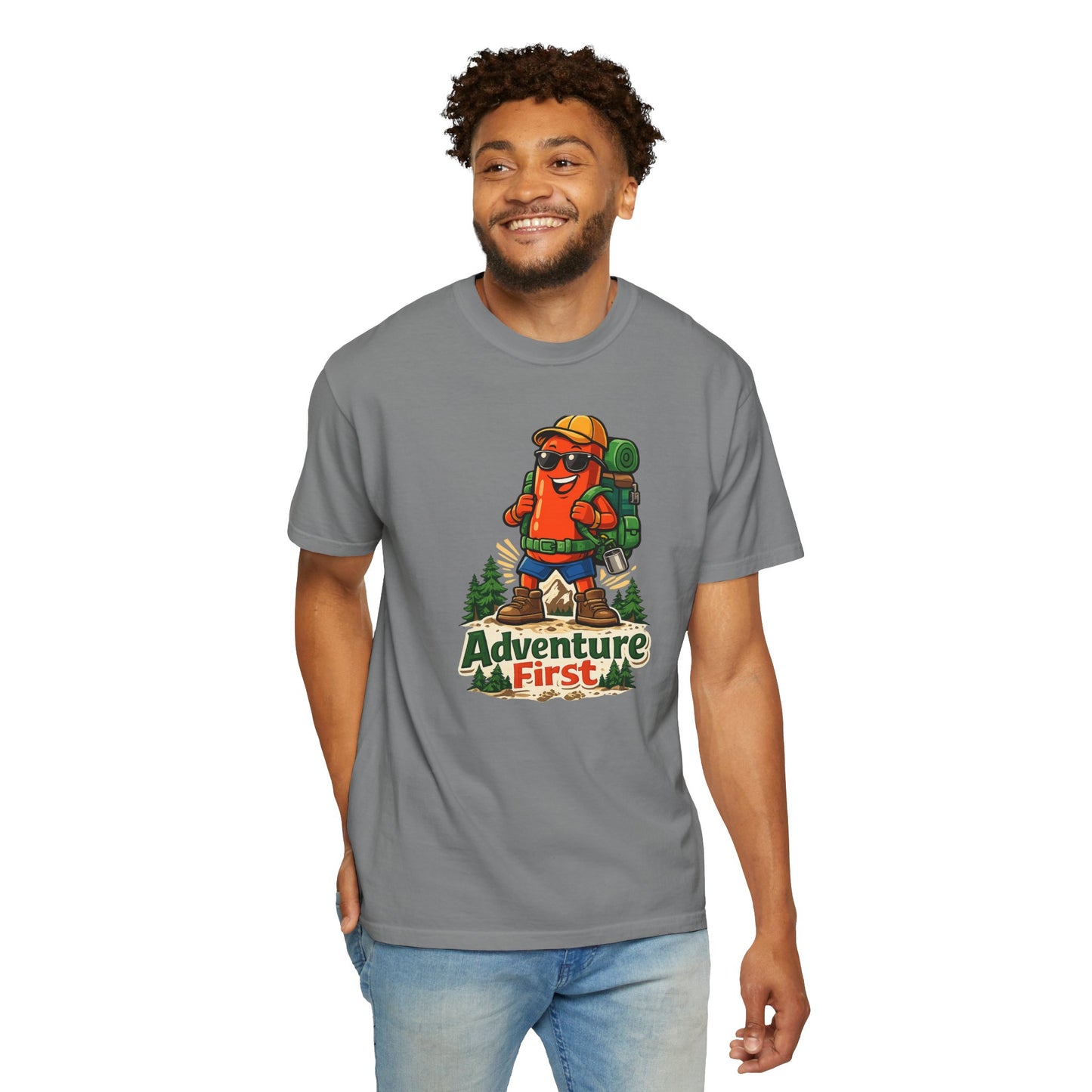 Adventure First Graphic Tee — Hiking Backpacker Badge Shirt