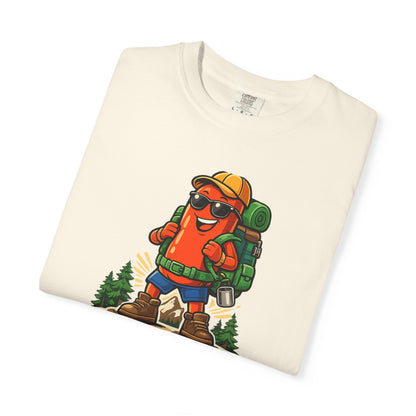 Adventure First Graphic Tee — Hiking Backpacker Badge Shirt