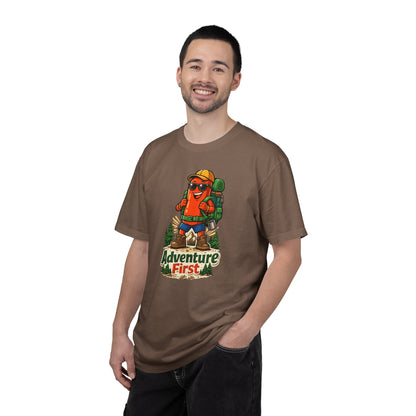 Adventure First Graphic Tee — Hiking Backpacker Badge Shirt