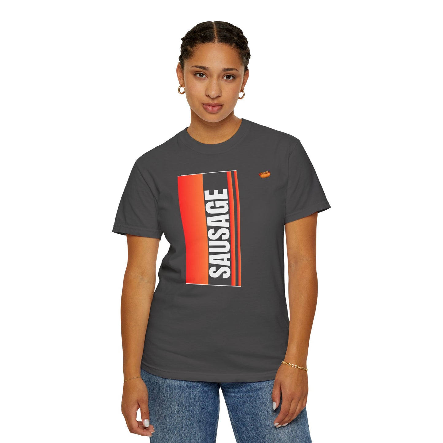 Sausage Retro Stripe T‑Shirt — Bold Vertical BBQ Graphic Tee