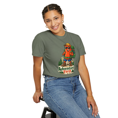 Adventure First Graphic Tee — Hiking Backpacker Badge Shirt