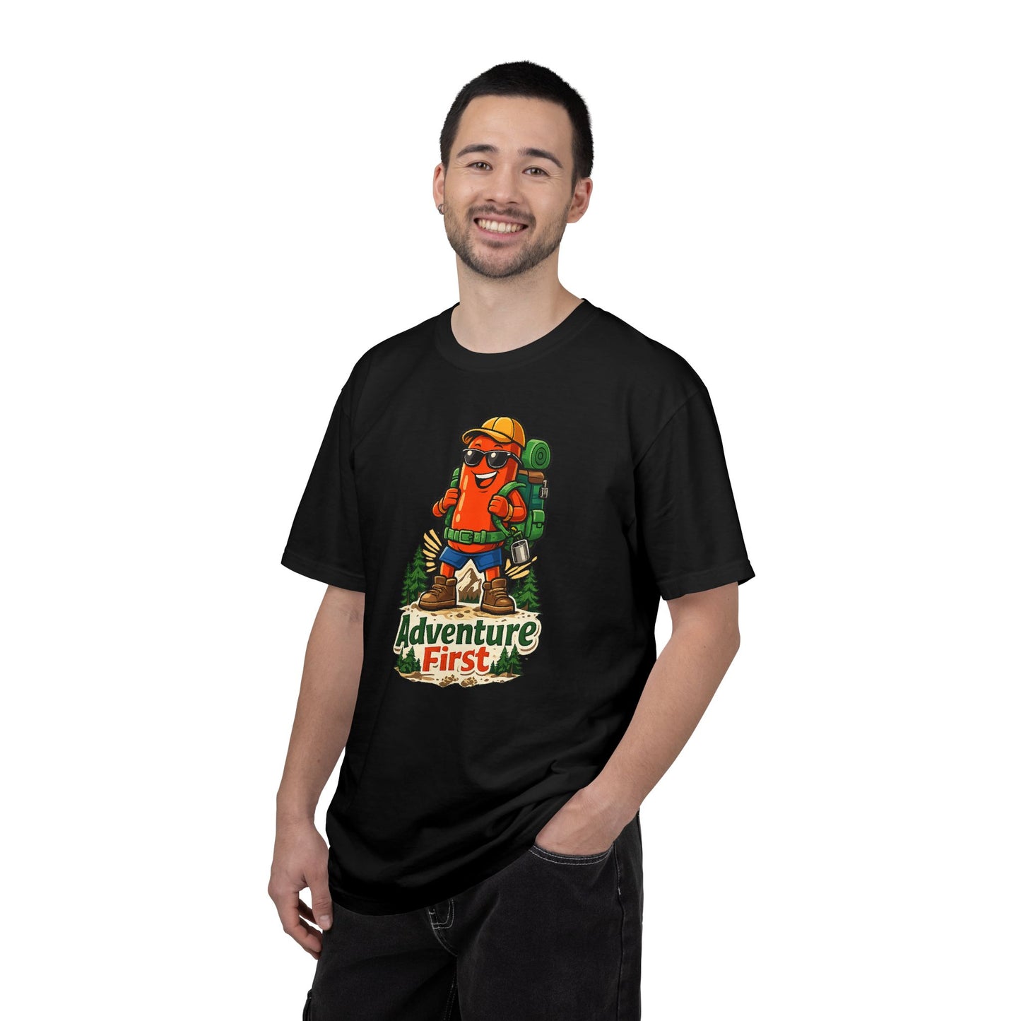 Adventure First Graphic Tee — Hiking Backpacker Badge Shirt