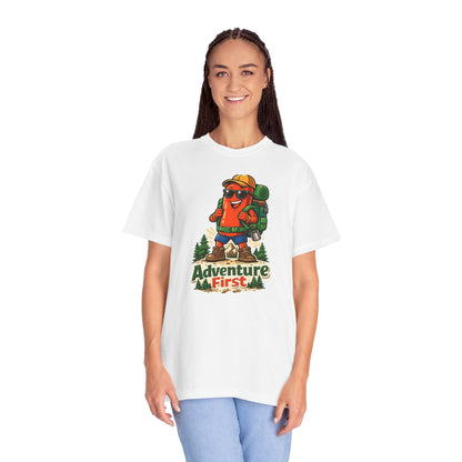 Adventure First Graphic Tee — Hiking Backpacker Badge Shirt