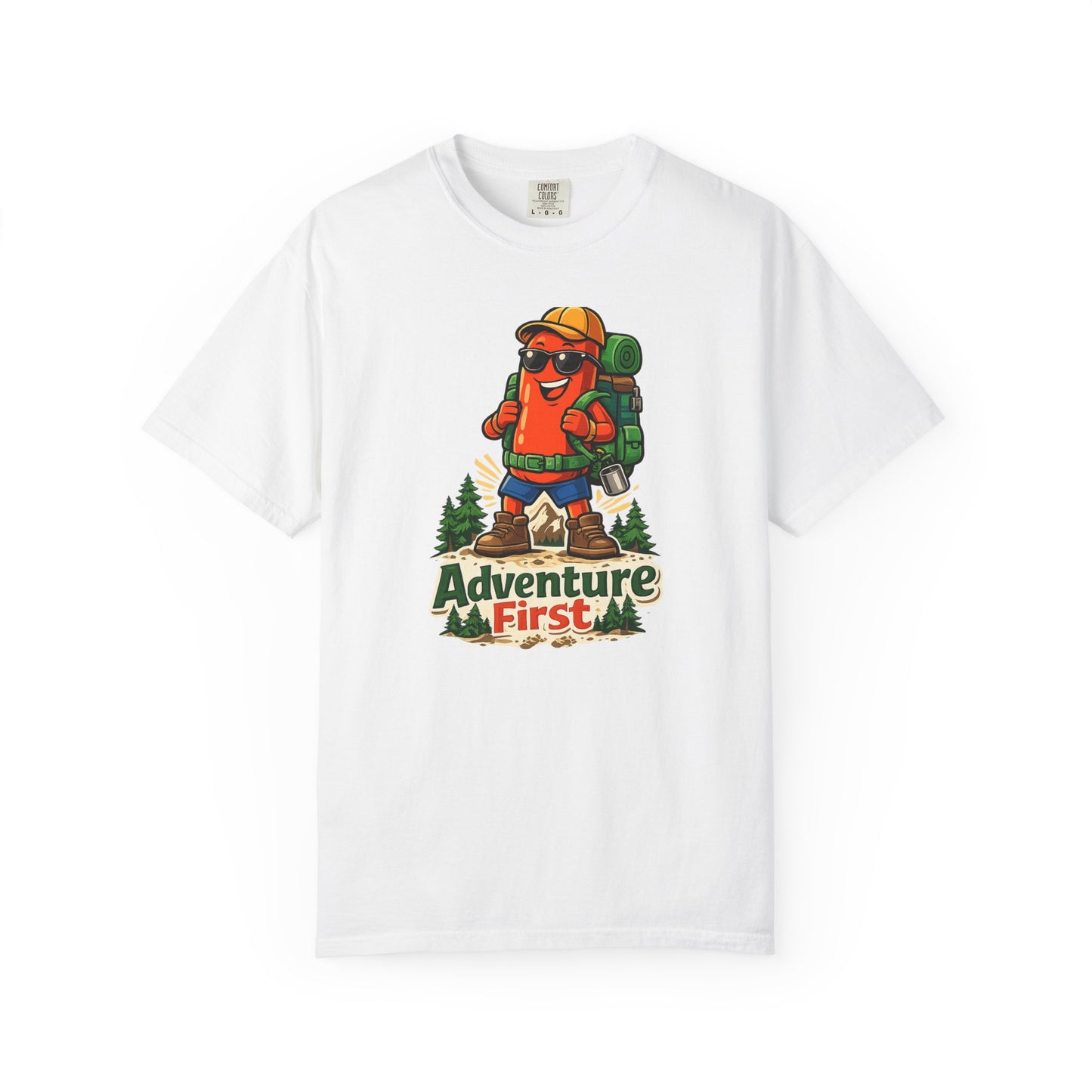 Adventure First Graphic Tee — Hiking Backpacker Badge Shirt