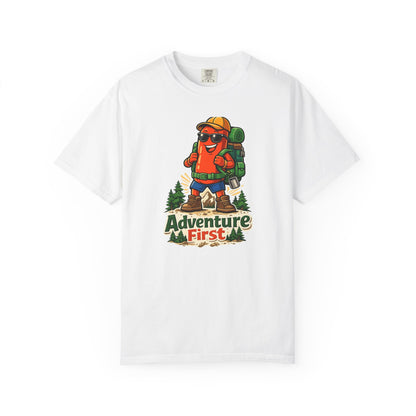 Adventure First Graphic Tee — Hiking Backpacker Badge Shirt