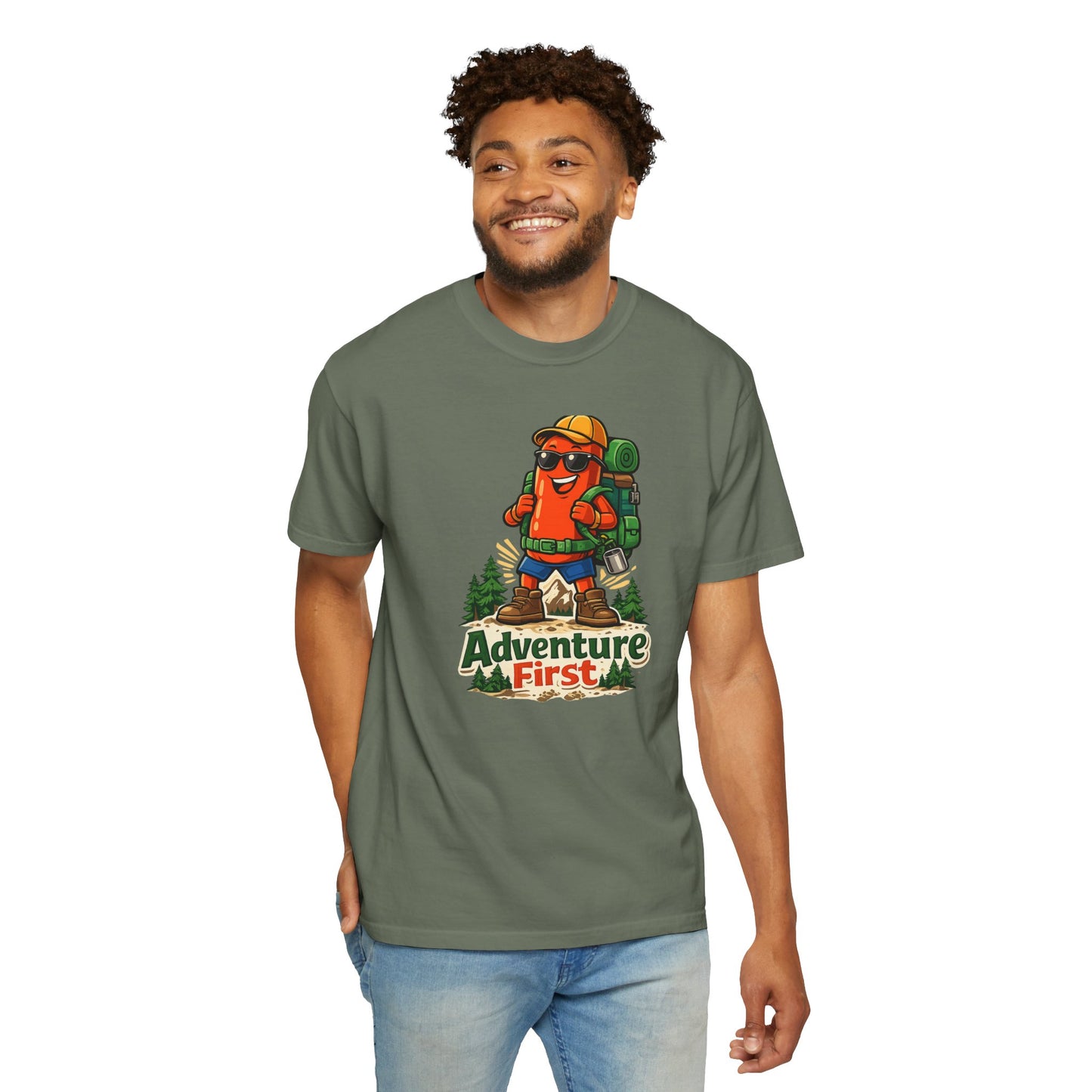 Adventure First Graphic Tee — Hiking Backpacker Badge Shirt