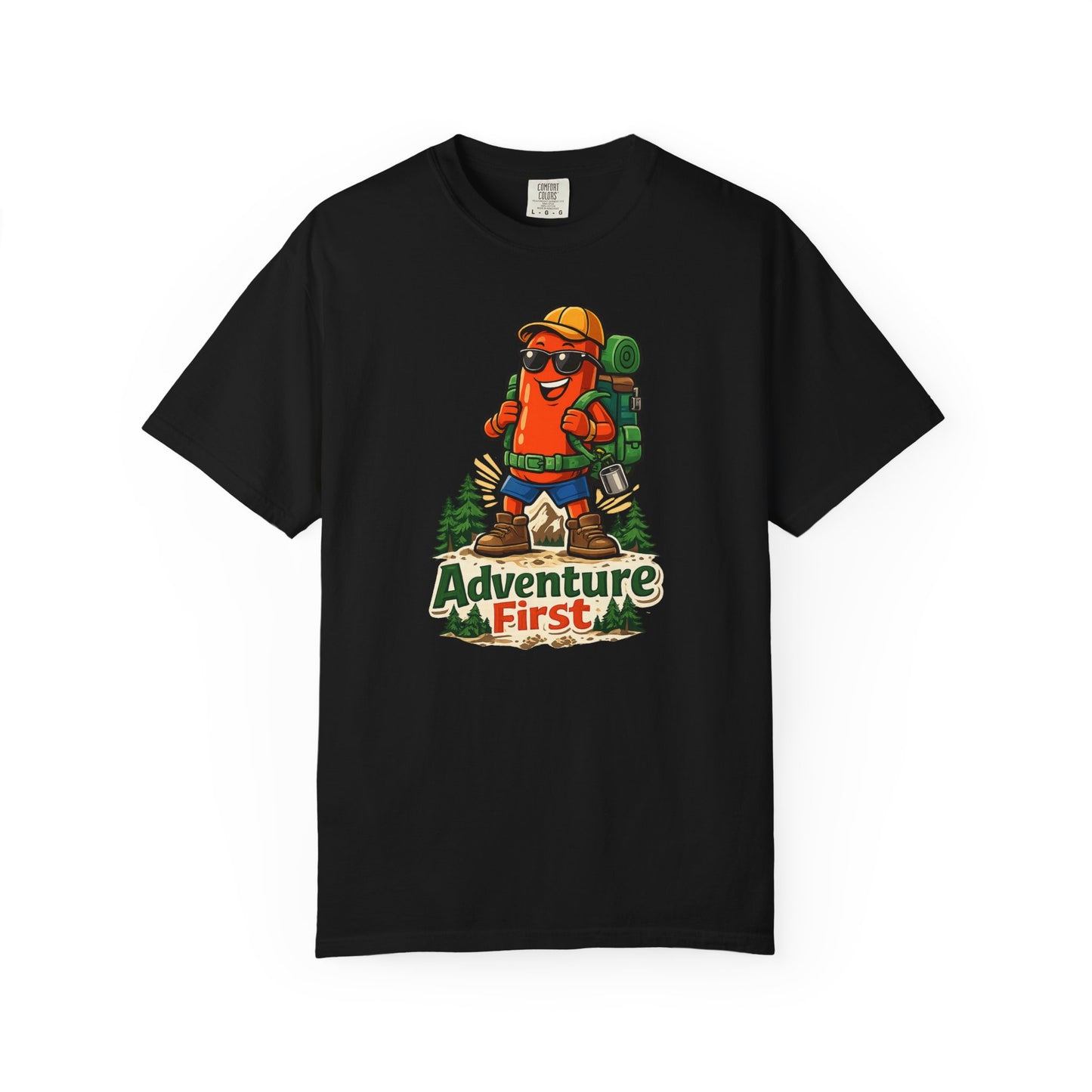Adventure First Graphic Tee — Hiking Backpacker Badge Shirt