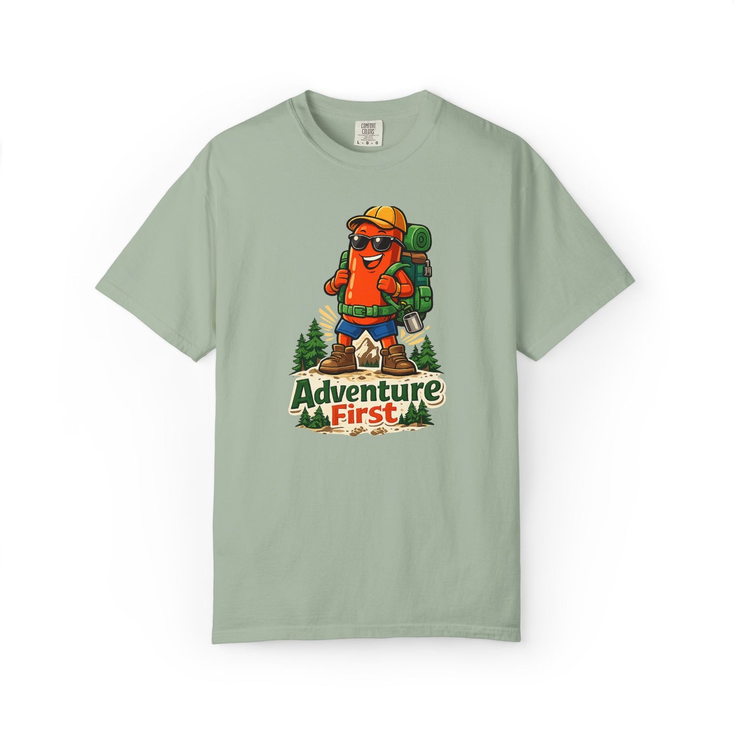Adventure First Graphic Tee — Hiking Backpacker Badge Shirt